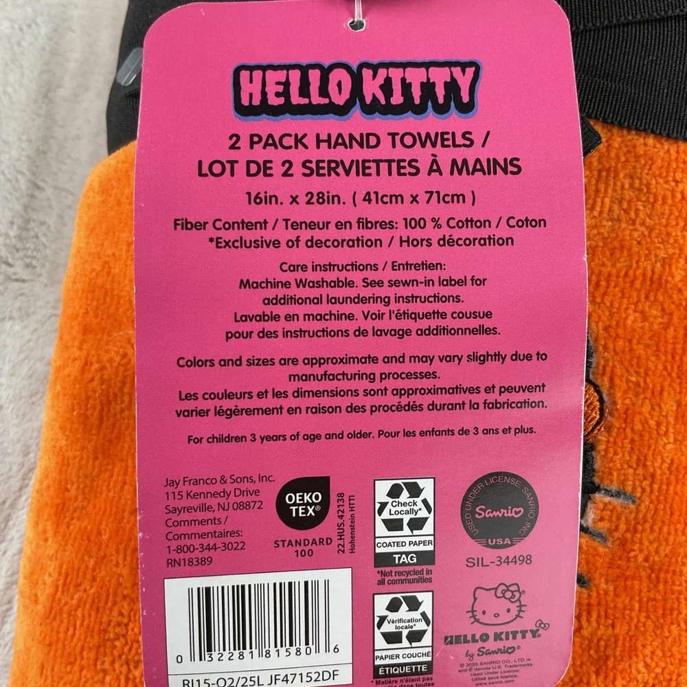 Sanrio Hello Kitty Halloween 2 Pack Hand Towels Orange Pumpkin Embroidered